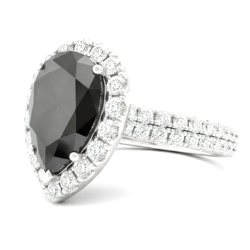 Black Diamond Ring 6 Carat Natural Pear Halo 14K White Gold