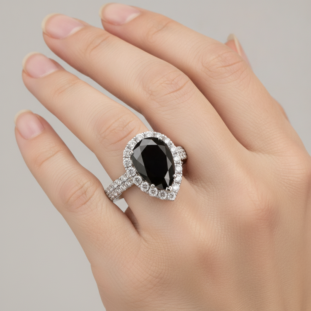 Black Diamond Ring 6 Carat Natural Pear Halo 14K White Gold