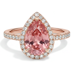 Peach Sapphire Engagement Ring 2.8 Carat Genuine Pear Padparadscha Halo Pave 14K Rose Gold