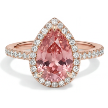 Peach Sapphire Engagement Ring 2.8 Carat Genuine Pear Padparadscha Halo Pave 14K Rose Gold