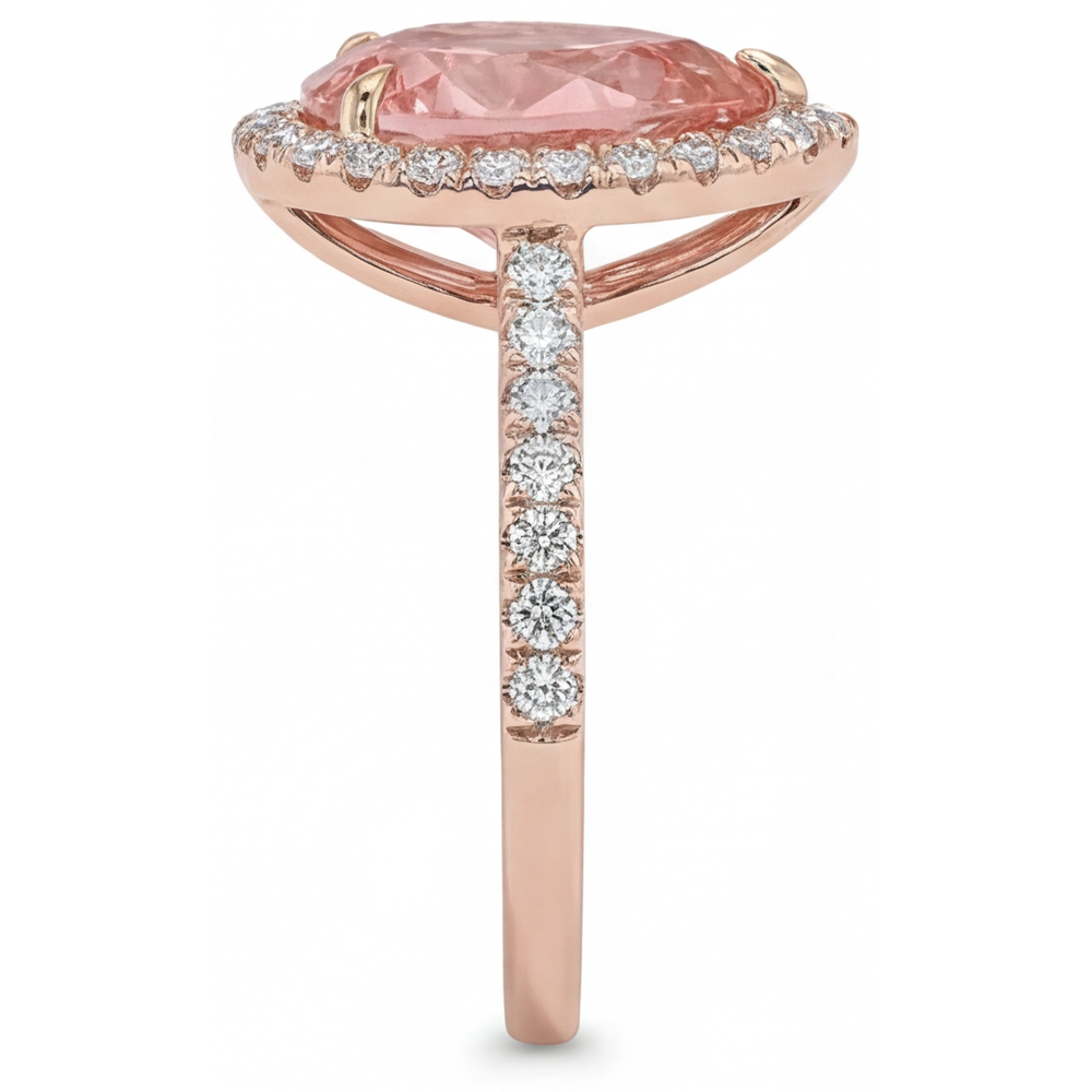 Peach Sapphire Engagement Ring 2.8 Carat Genuine Pear Padparadscha Halo Pave 14K Rose Gold