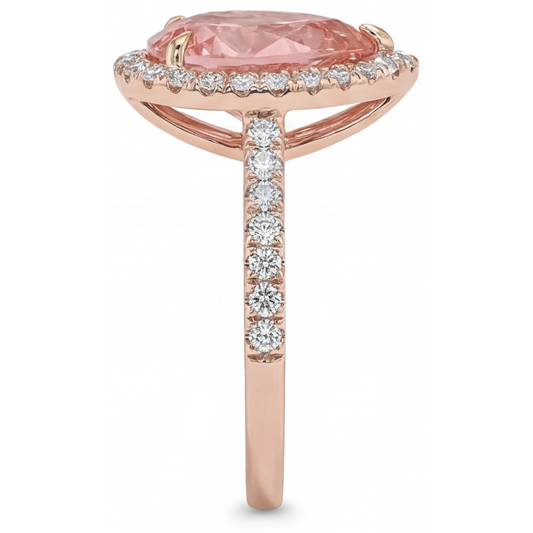 Peach Sapphire Engagement Ring 2.8 Carat Genuine Pear Padparadscha Halo Pave 14K Rose Gold