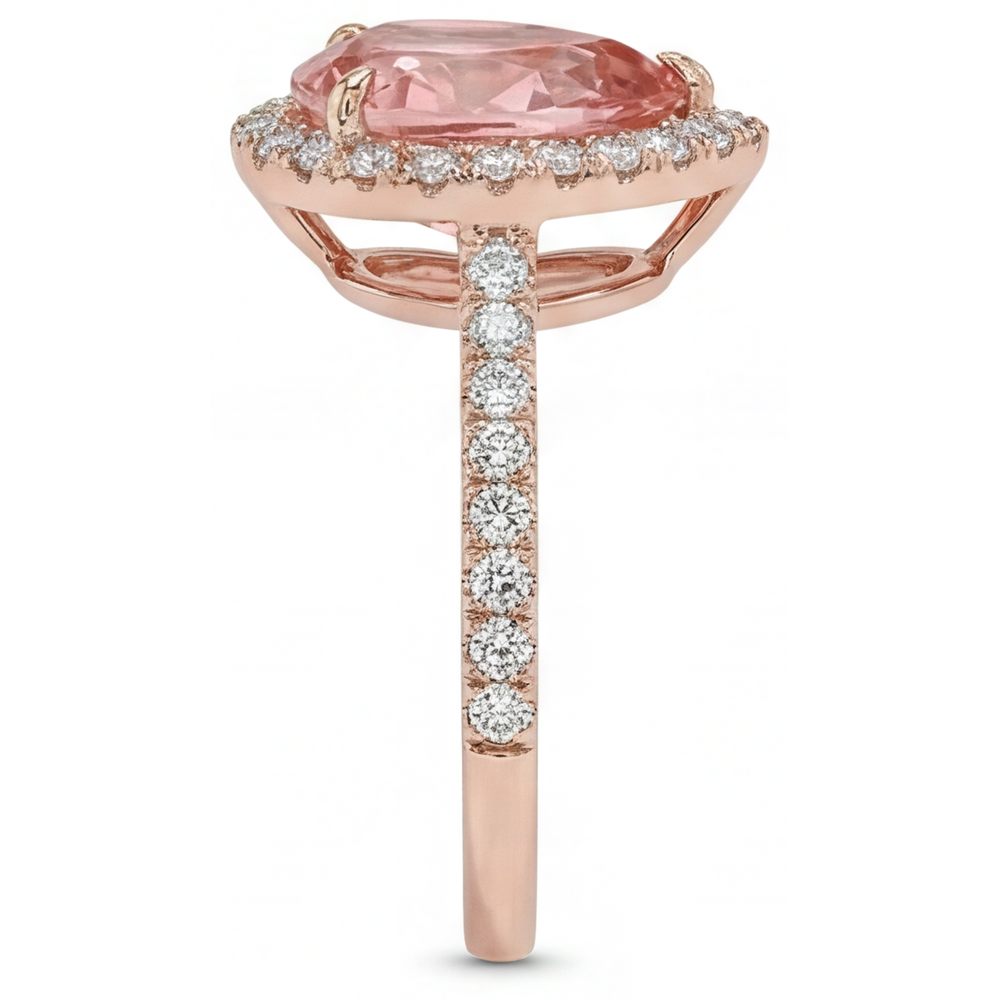 Peach Sapphire Ring 2.8 Carat Genuine Pear Padparadscha Halo Pave 14K Rose Gold
