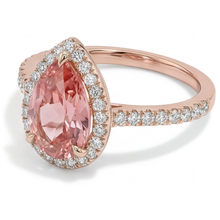 Peach Sapphire Engagement Ring 2.8 Carat Genuine Pear Padparadscha Halo Pave 14K Rose Gold