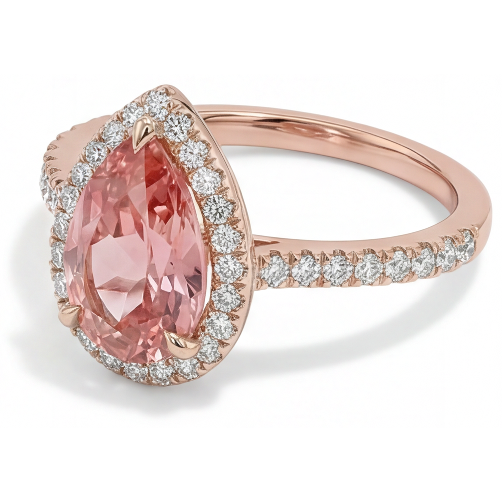Peach Sapphire Engagement Ring 2.8 Carat Genuine Pear Padparadscha Halo Pave 14K Rose Gold