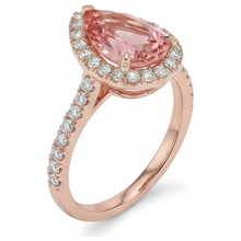 Peach Sapphire Ring 2.8 Carat Genuine Pear Padparadscha Halo Pave 14K Rose Gold