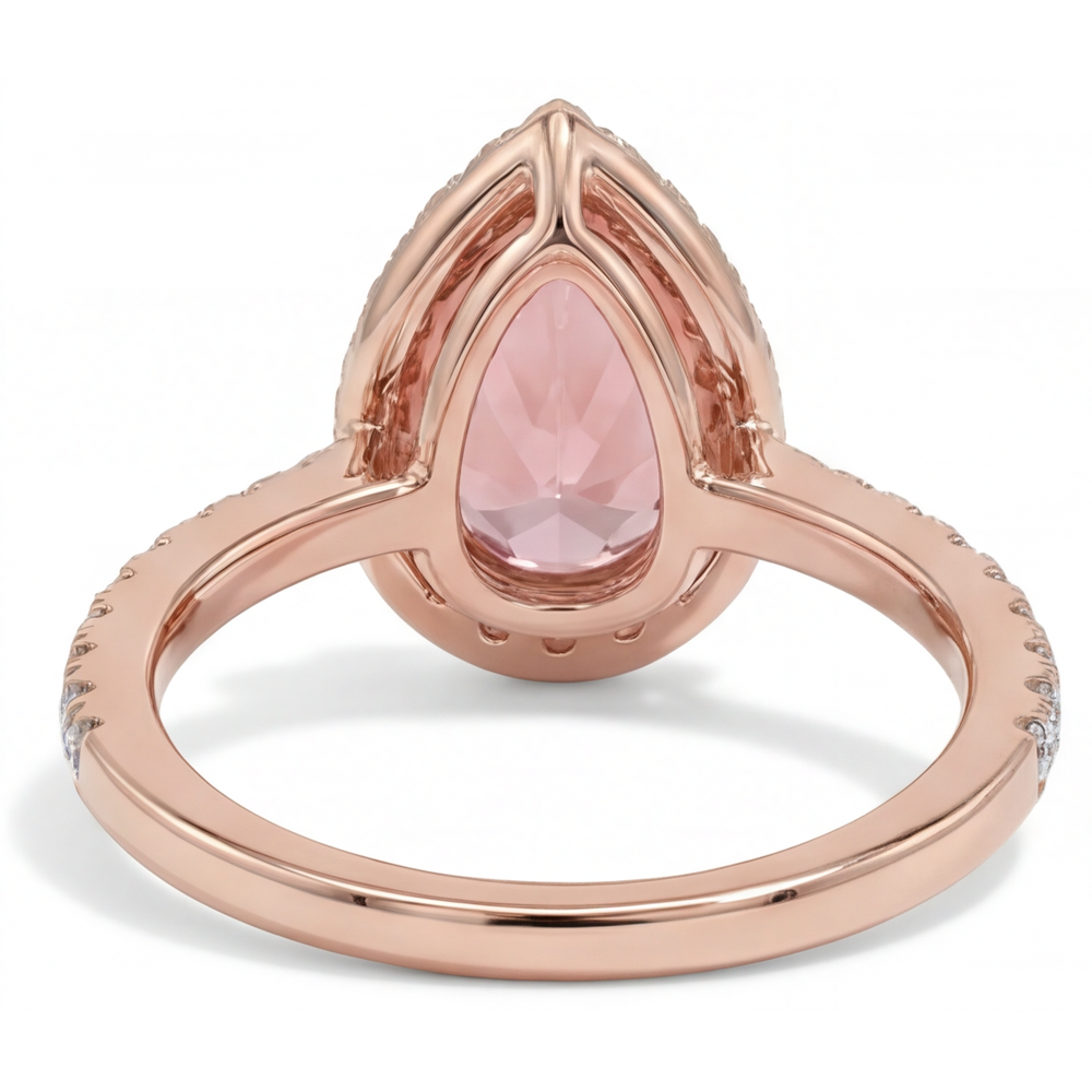 Peach Sapphire Engagement Ring 2.8 Carat Genuine Pear Padparadscha Halo Pave 14K Rose Gold