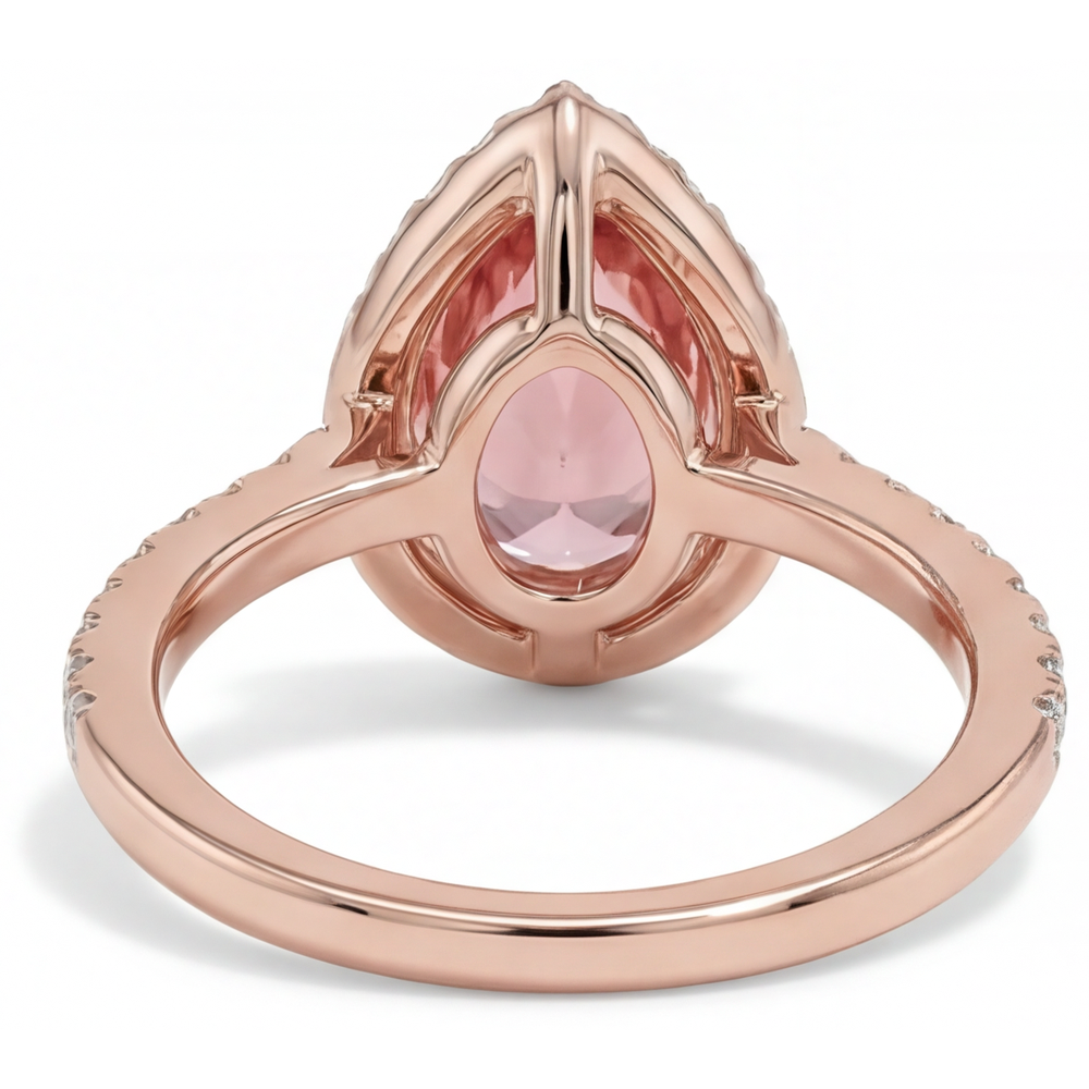 Peach Sapphire 2.8 Carat Natural Pear Padparadscha Halo Pave Ring 14K Rose Gold