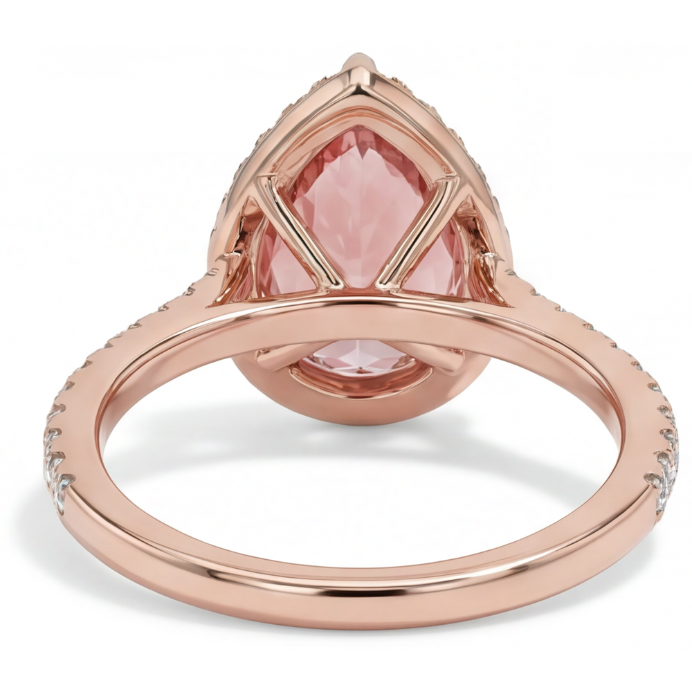 Peach Sapphire Ring 2.8 Carat Genuine Pear Padparadscha Halo Pave 14K Rose Gold
