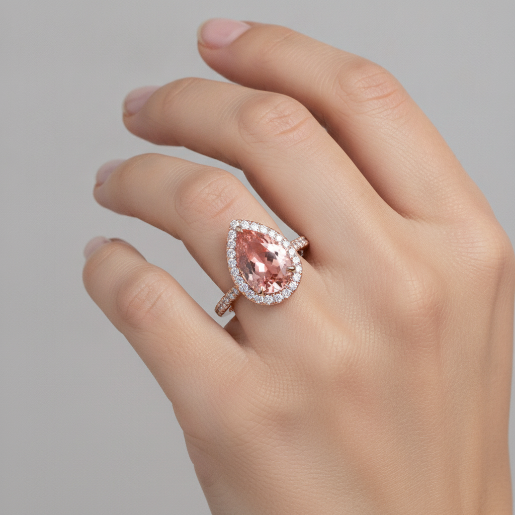 Peach Sapphire Ring 2.8 Carat Genuine Pear Padparadscha Halo Pave 14K Rose Gold