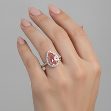 Peach Sapphire Engagement Ring 2.8 Carat Genuine Pear Padparadscha Halo Pave 14K Rose Gold