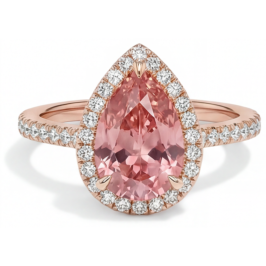 Peach Sapphire 2.8 Carat Natural Pear Padparadscha Halo Pave Ring 14K Rose Gold