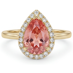 Pink Padparadscha Sapphire Ring 2.8 Carat Natural Pear Halo Plain 14K Yellow Gold