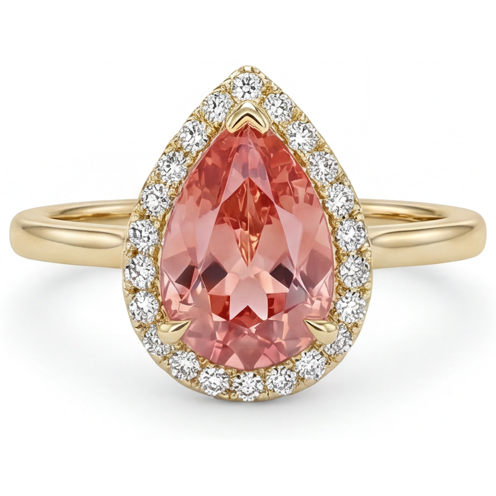 Pink Padparadscha Sapphire Ring 2.8 Carat Natural Pear Halo Plain 14K Yellow Gold