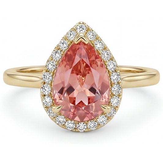 Pink Padparadscha Sapphire Ring 2.8 Carat Natural Pear Halo Plain 14K Yellow Gold