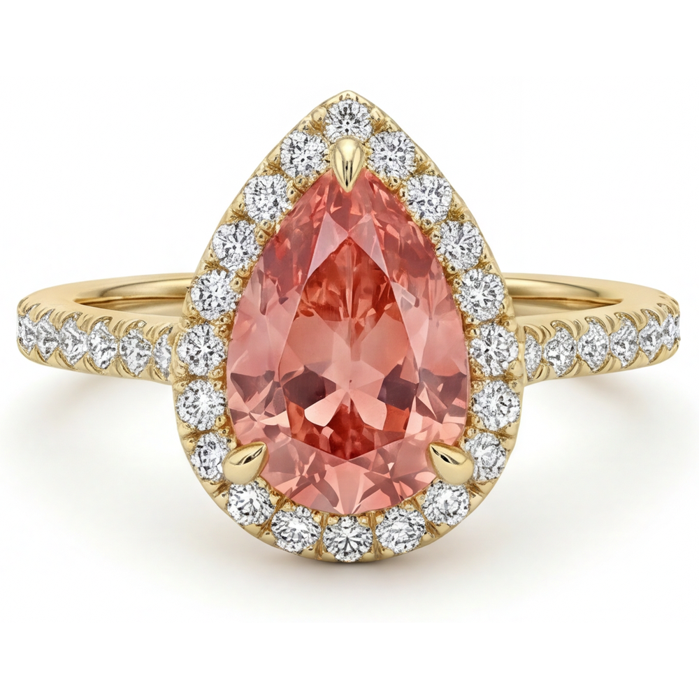 Padparadscha Sapphire Ring 2.8 Carat Genuine Pear Halo 14K Yellow Gold