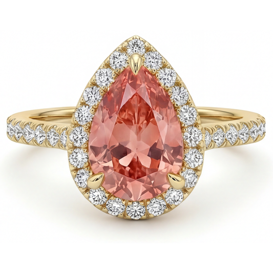 Padparadscha Sapphire Ring 2.8 Carat Genuine Pear Halo 14K Yellow Gold