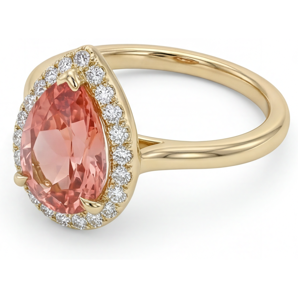 Pink Padparadscha Sapphire Ring 2.8 Carat Natural Pear Halo Plain 14K Yellow Gold