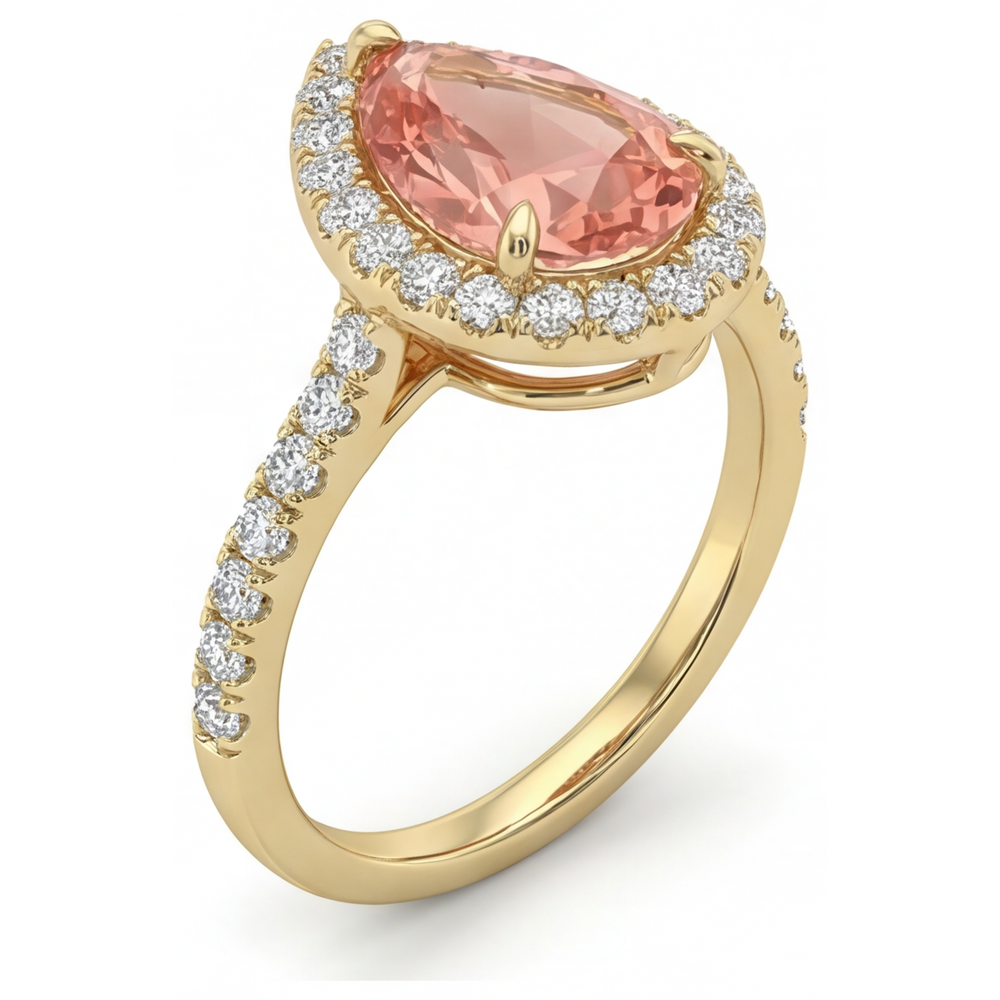 Padparadscha Sapphire Ring 2.8 Carat Genuine Pear Halo 14K Yellow Gold
