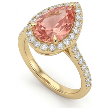 Peach Color Sapphire 2.8 Carat Genuine Pear Padparadscha Halo Pave Ring 14K Yellow Gold