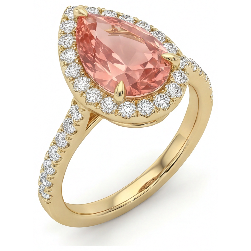 Peach Color Sapphire 2.8 Carat Genuine Pear Padparadscha Halo Pave Ring 14K Yellow Gold