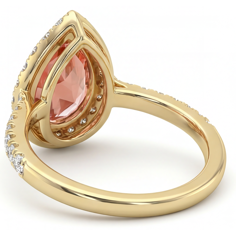 Padparadscha Sapphire Ring 2.8 Carat Genuine Pear Halo 14K Yellow Gold
