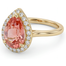 Pink Padparadscha Sapphire Ring 2.8 Carat Natural Pear Halo Plain 14K Yellow Gold