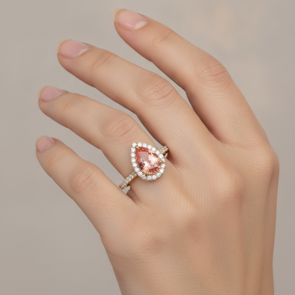 Peach Color Sapphire 2.8 Carat Genuine Pear Padparadscha Halo Pave Ring 14K Yellow Gold