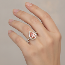 Peach Color Sapphire 2.8 Carat Genuine Pear Padparadscha Halo Pave Ring 14K Yellow Gold