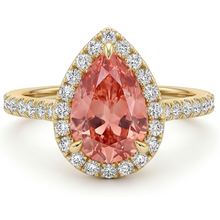 Peach Color Sapphire 2.8 Carat Genuine Pear Padparadscha Halo Pave Ring 14K Yellow Gold