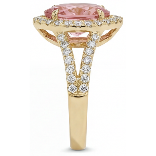 Peach Sapphire 2.8 Carat Genuine Pear Padparadscha Halo Split Shank Ring 14K Yellow Gold