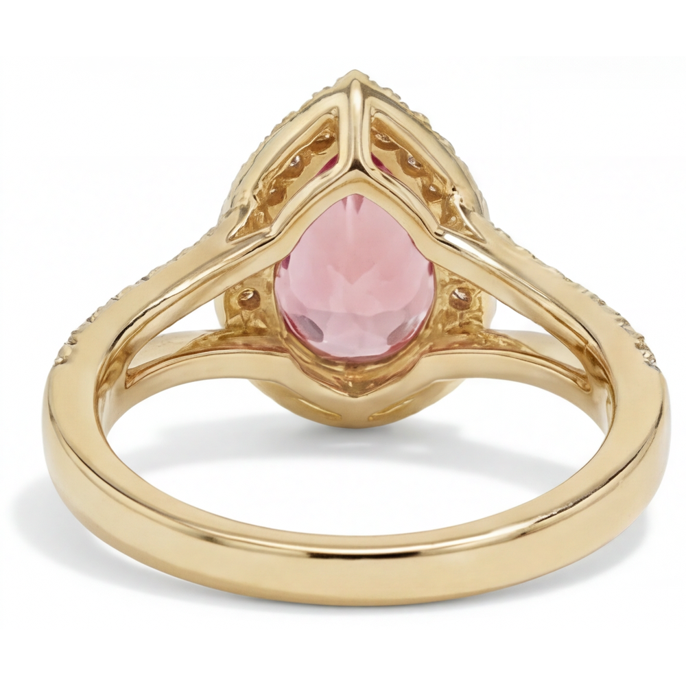 Peach Sapphire 2.8 Carat Genuine Pear Padparadscha Halo Split Shank Ring 14K Yellow Gold