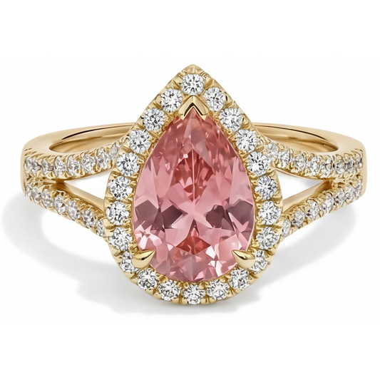 Peach Sapphire 2.8 Carat Genuine Pear Padparadscha Halo Split Shank Ring 14K Yellow Gold
