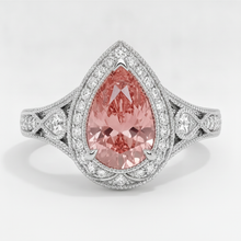Padparadscha Sapphire Ring 3.1 Carat Real Pear Halo Vintage 14K White Gold