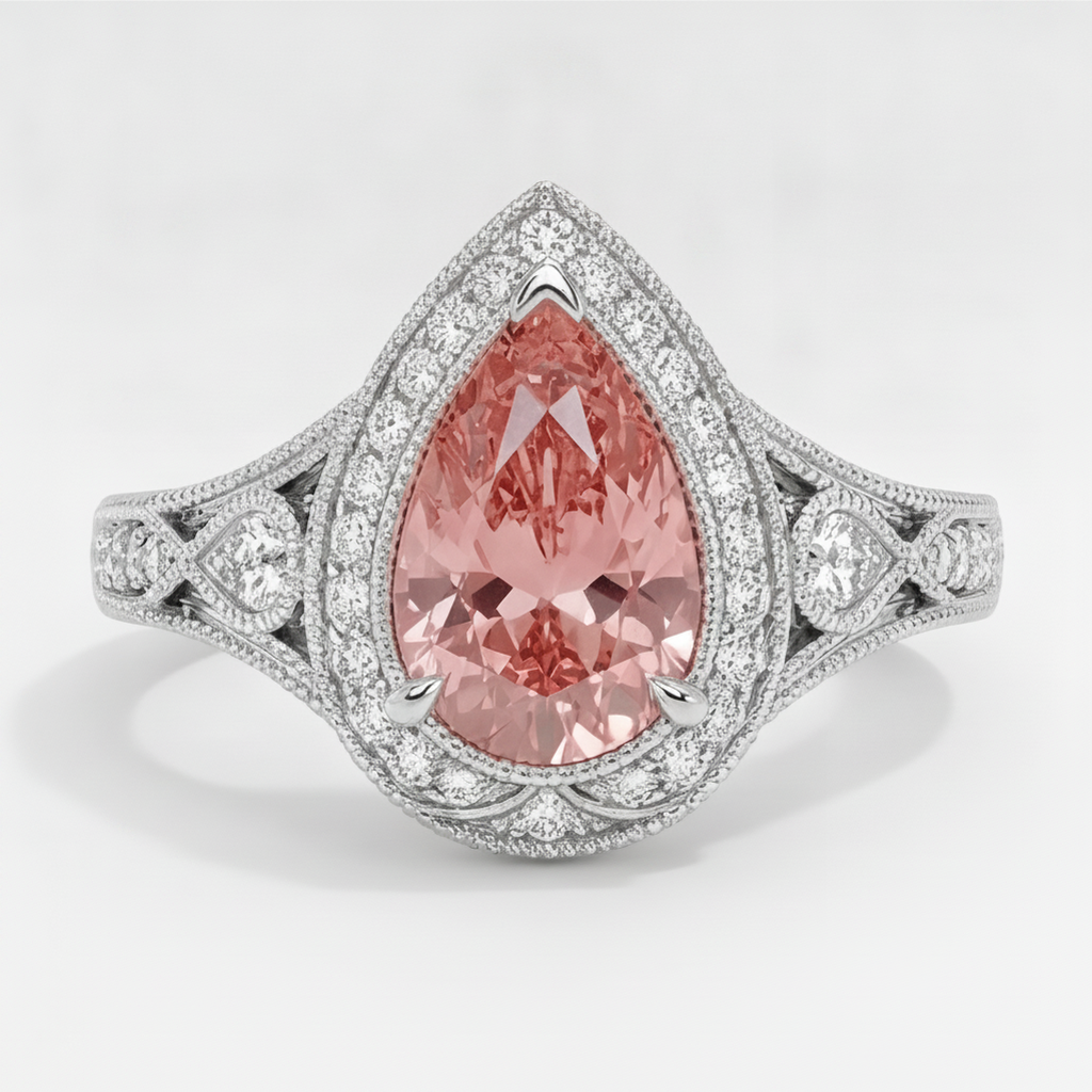 Padparadscha Sapphire Ring 3.1 Carat Real Pear Halo Vintage 14K White Gold