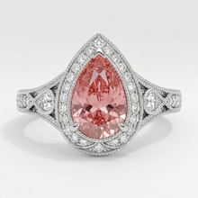 Padparadscha Sapphire Ring 3.1 Carat Real Pear Halo Vintage 14K White Gold