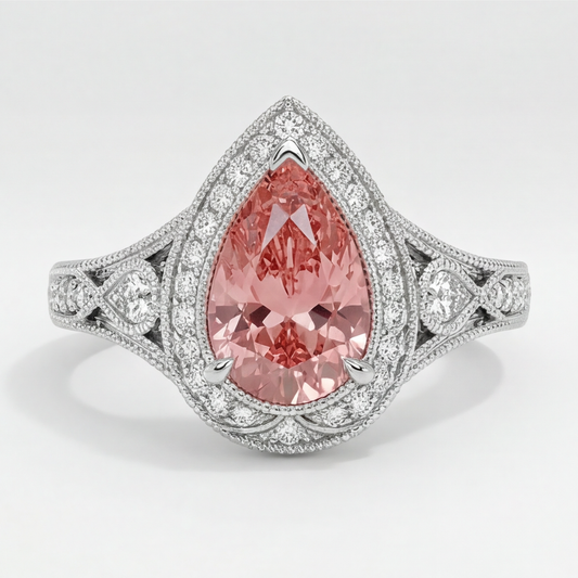 Padparadscha Sapphire Ring 3.1 Carat Real Pear Halo Vintage 14K White Gold