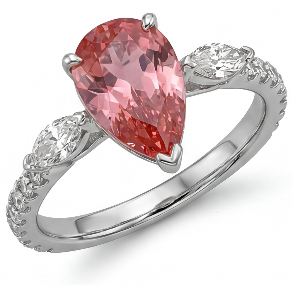 Peach Sapphire 2.9 Carat Genuine Pear Padparadscha Three Stone Ring 14K White Gold