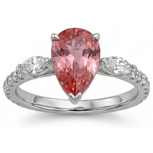 Peach Sapphire 2.9 Carat Genuine Pear Padparadscha Three Stone Ring 14K White Gold