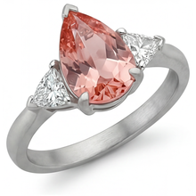 Padparadscha Sapphire Engagement Ring 2.9 Carat Real Pear and White Trilliant Three Stone 14K Gold