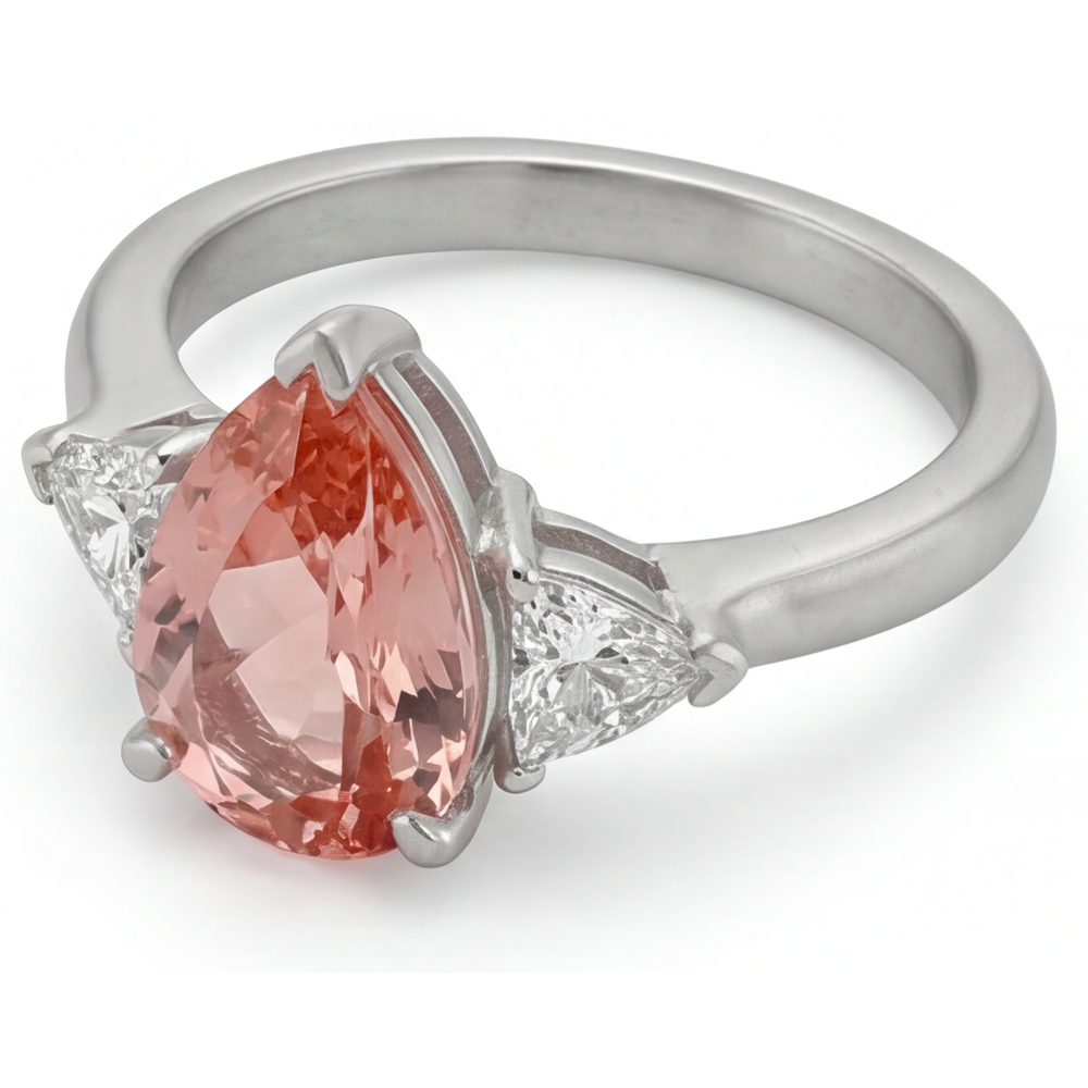 Padparadscha Sapphire Engagement Ring 2.9 Carat Real Pear and White Trilliant Three Stone 14K Gold