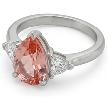 Padparadscha Sapphire Engagement Ring 2.9 Carat Real Pear and White Trilliant Three Stone 14K Gold