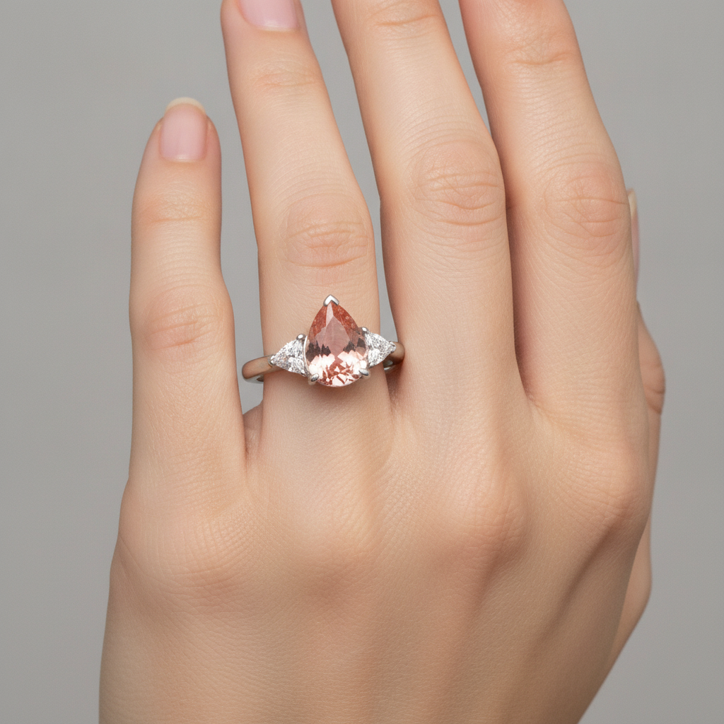 Padparadscha Sapphire Engagement Ring 2.9 Carat Real Pear and White Trilliant Three Stone 14K Gold