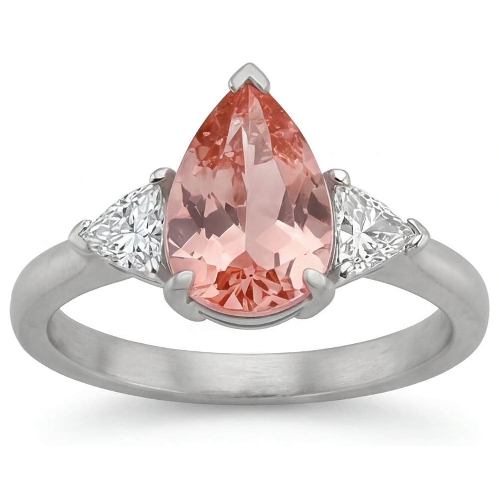 Padparadscha Sapphire Engagement Ring 2.9 Carat Real Pear and White Trilliant Three Stone 14K Gold