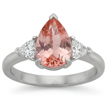 Padparadscha Sapphire Engagement Ring 2.9 Carat Real Pear and White Trilliant Three Stone 14K Gold