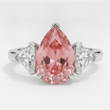 Padparadscha Sapphire Ring 3.6 Carat Genuine Pear and White Trilliant Three Stone Platinum