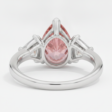 Padparadscha Sapphire Ring 3.6 Carat Genuine Pear and White Trilliant Three Stone Platinum