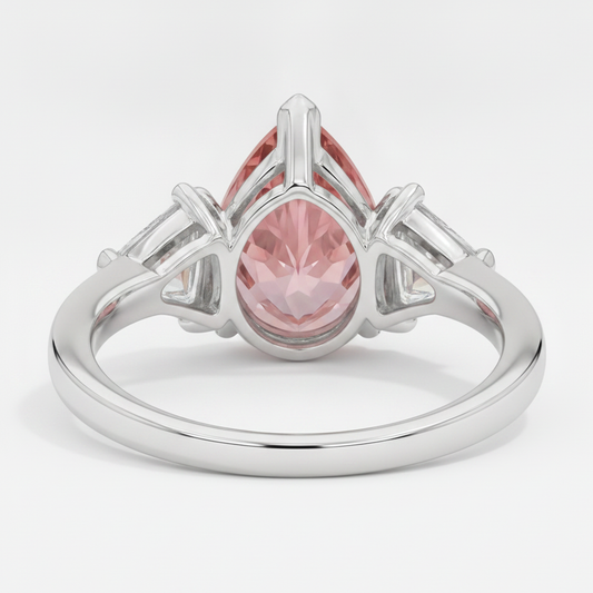 Padparadscha Sapphire Ring 3.6 Carat Genuine Pear and White Trilliant Three Stone Platinum