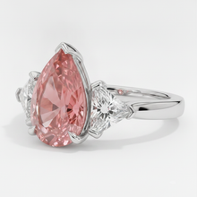 Padparadscha Sapphire Ring 3.6 Carat Genuine Pear and White Trilliant Three Stone Platinum