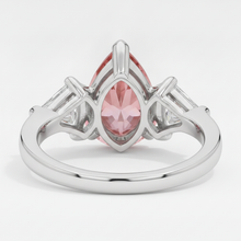Padparadscha Sapphire Ring 3.6 Carat Genuine Pear and White Trilliant Three Stone Platinum